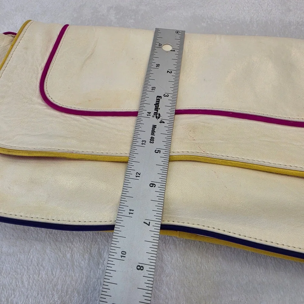 Kooba Leather Oversized Clutch Bag Cream with Multicolor Piping Wristlet Strap
